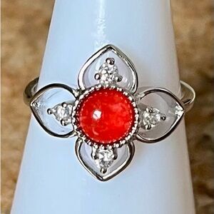 Bomb Party RETRO RBP3354 Genuine Red Quartz on Rhodium Clover/Flower Ring